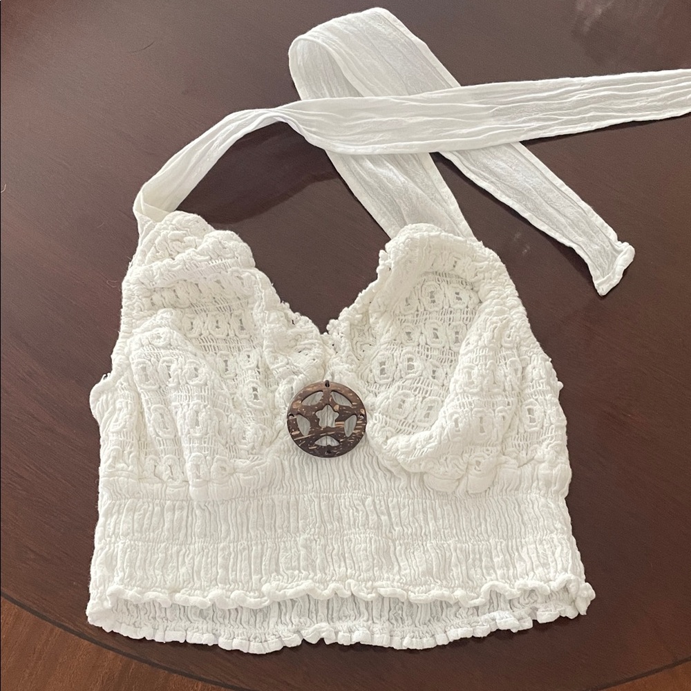 White Crochet Halter Top with Wooden Accent